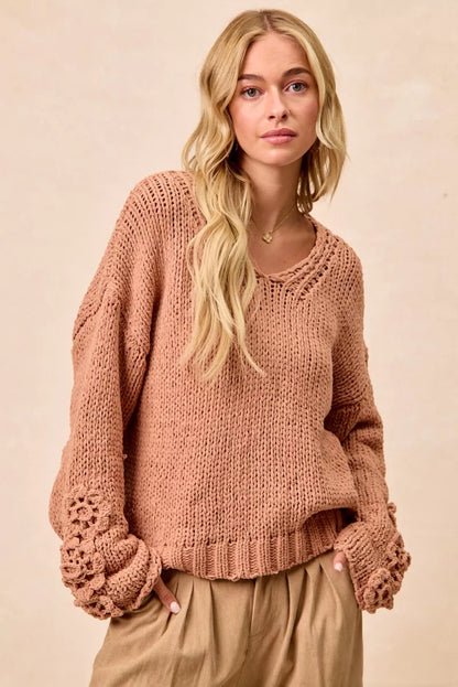 Knit V Neck Sweater with Flower Detailed Sleeves | Trendy Sweaters Outfit Idea for Women by Ro + Ivy | Elevated Basics, Modern Comfort & Style