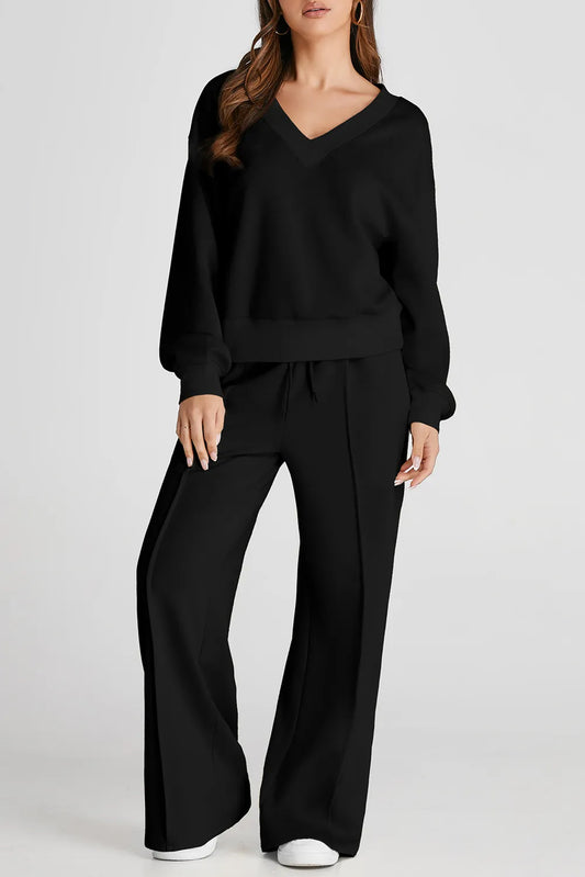 Women's V-Neck Long Sleeve Top and Pants Loungewear Set Black
