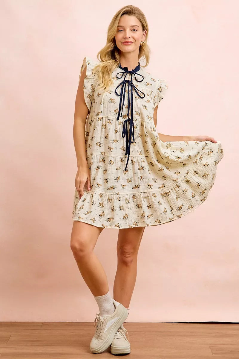 Women's Floral Tiered Ruffle Front Tie Mini Dress - Mini Dresses