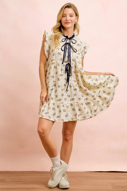Women's Floral Tiered Ruffle Front Tie Mini Dress - Mini Dresses