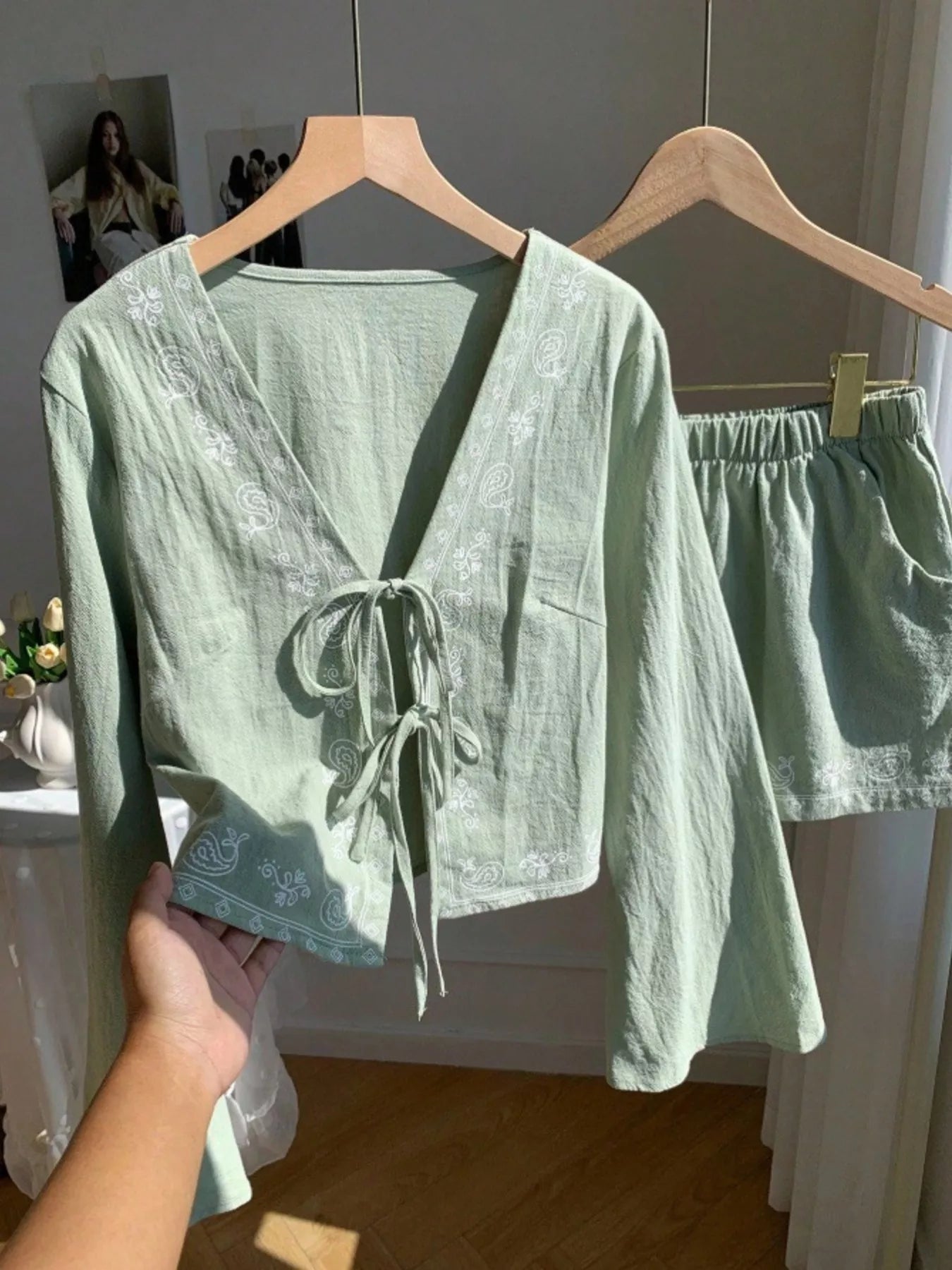Women's Embroidered Tie Front Top and Shorts Set - Matching Sets