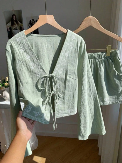 Women's Embroidered Tie Front Top and Shorts Set - Matching Sets