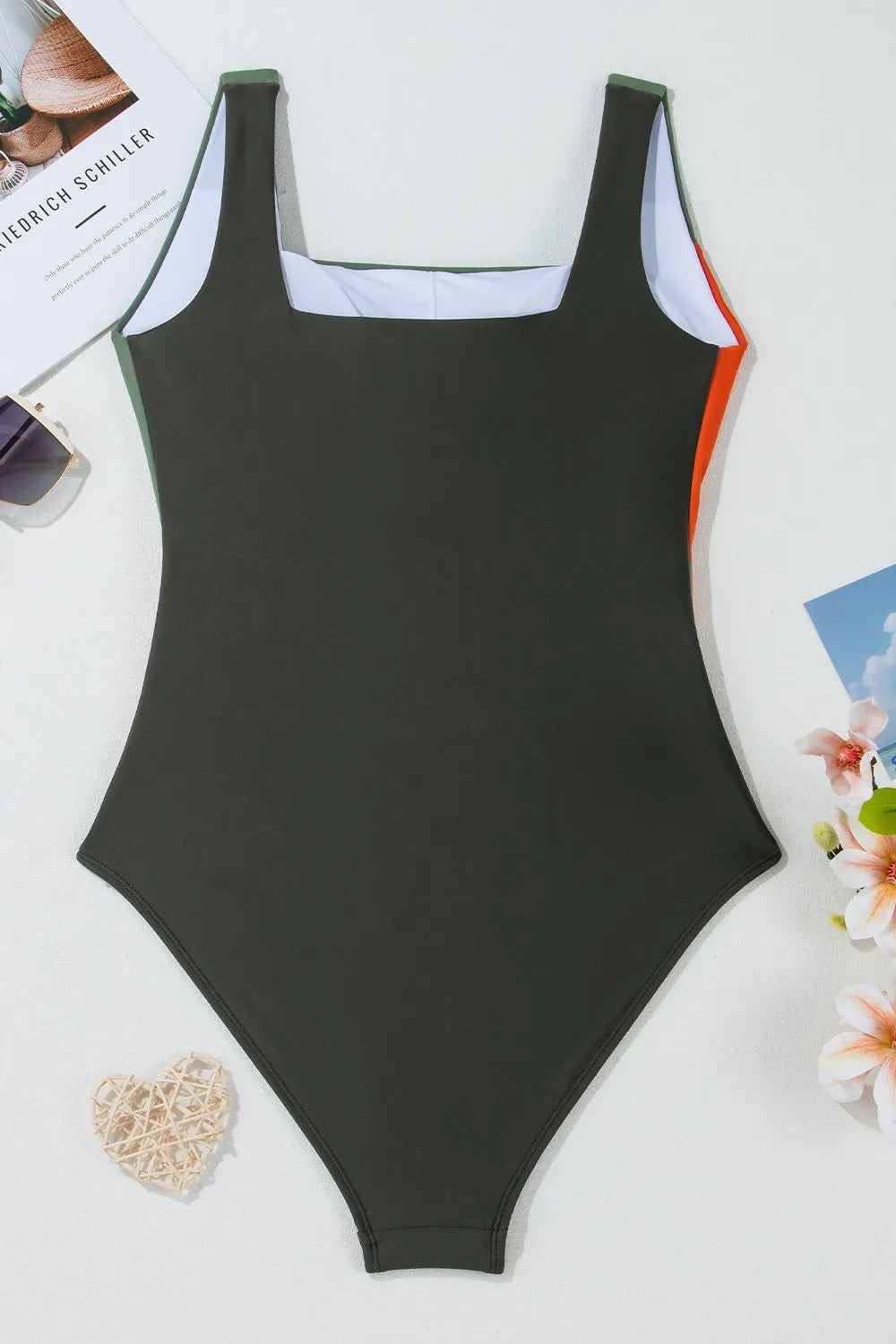 Women's Color Block Padded Square Neck One Piece Swimsuit - One-Piece Swimsuits