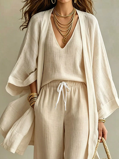 Three-Piece Lounge Set with V-Neck Top, Open Cardigan and Drawstring Pants