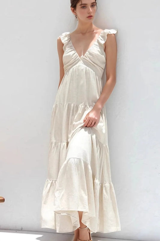 Women's Ruffled V-Neck Tiered Maxi Dress White