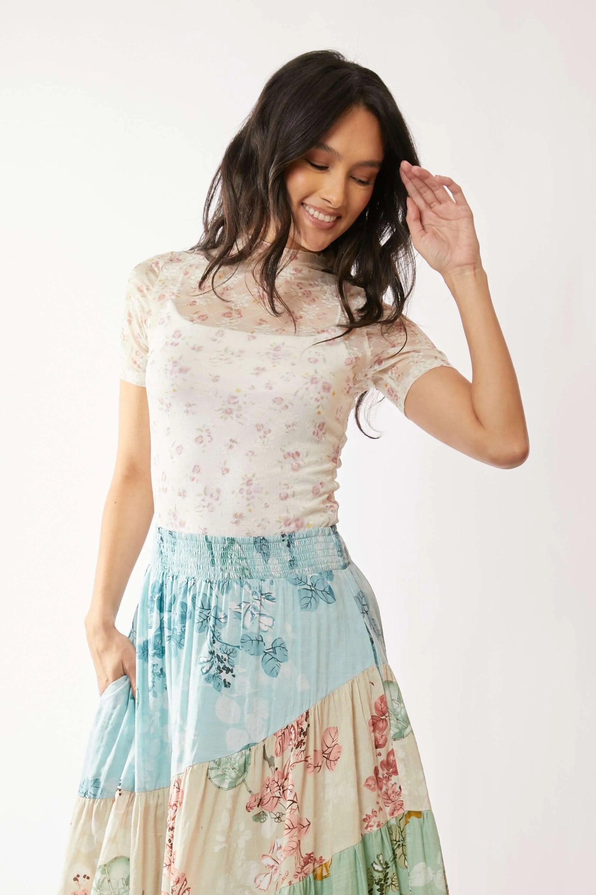 Floral Mesh Mock Neck Short Sleeve Top – outfit idea for women | Ro + Ivy