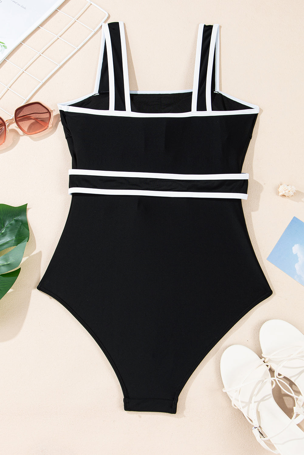 Colorblock Contrast Trim Belted One-Piece Swimsuit — Supportive Straps Contemporary Beach Style - One-Piece Swimsuits