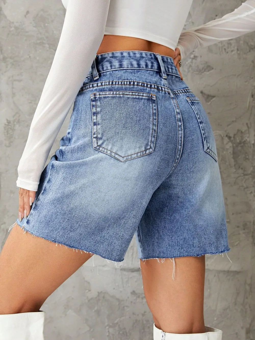Frayed Hem Long Denim Shorts - Shorts