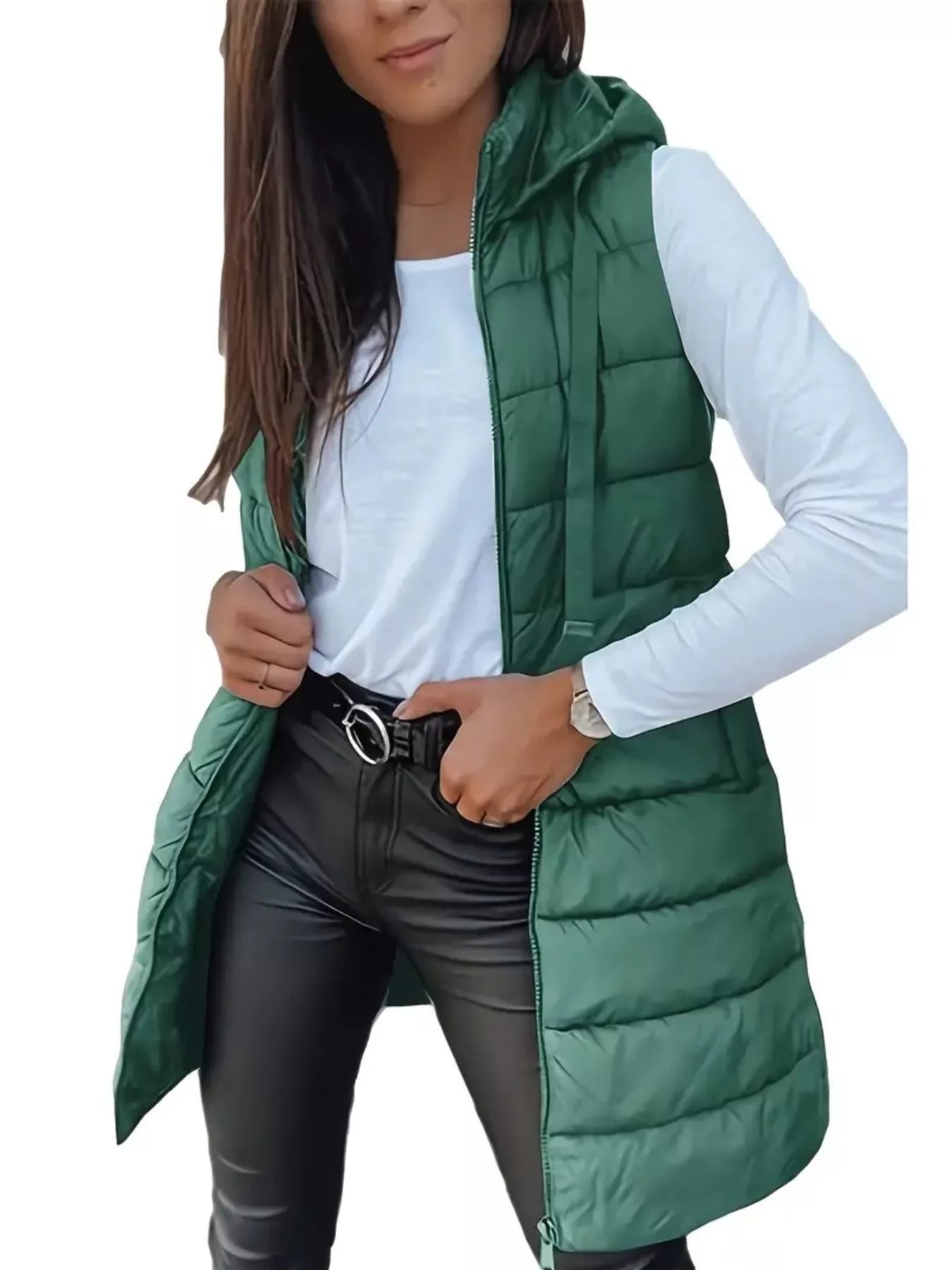 Zip Up Longline Hooded Puffer Vest Green