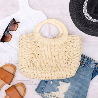 100% Straw Natural Wood Handle Drawstring Woven Tote Bag — Boho Casual Everyday Style - Straw