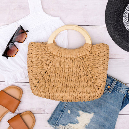 100% Straw Natural Wood Handle Drawstring Woven Tote Bag — Boho Casual Everyday Style - Khaki