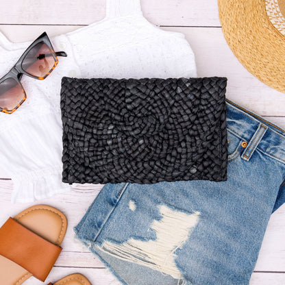 Foldover Straw Clutch — Versatile Day-to-Night Summer Zip Pocket Boho Style - Black Clutch