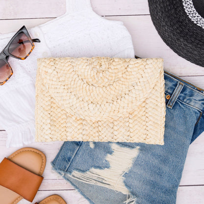 Foldover Straw Clutch — Versatile Day-to-Night Summer Zip Pocket Boho Style - Natural Clutch