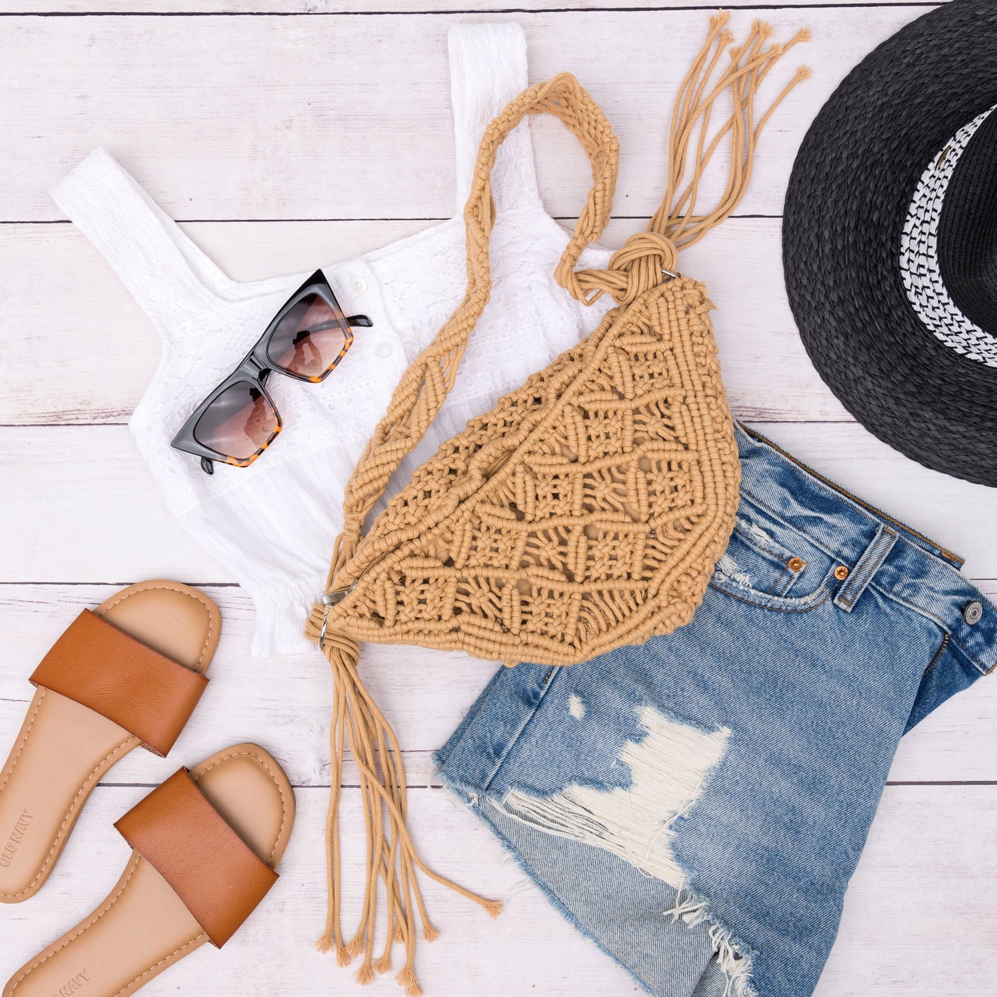 Macrame Sling Bag - Khaki Crossbody Bags