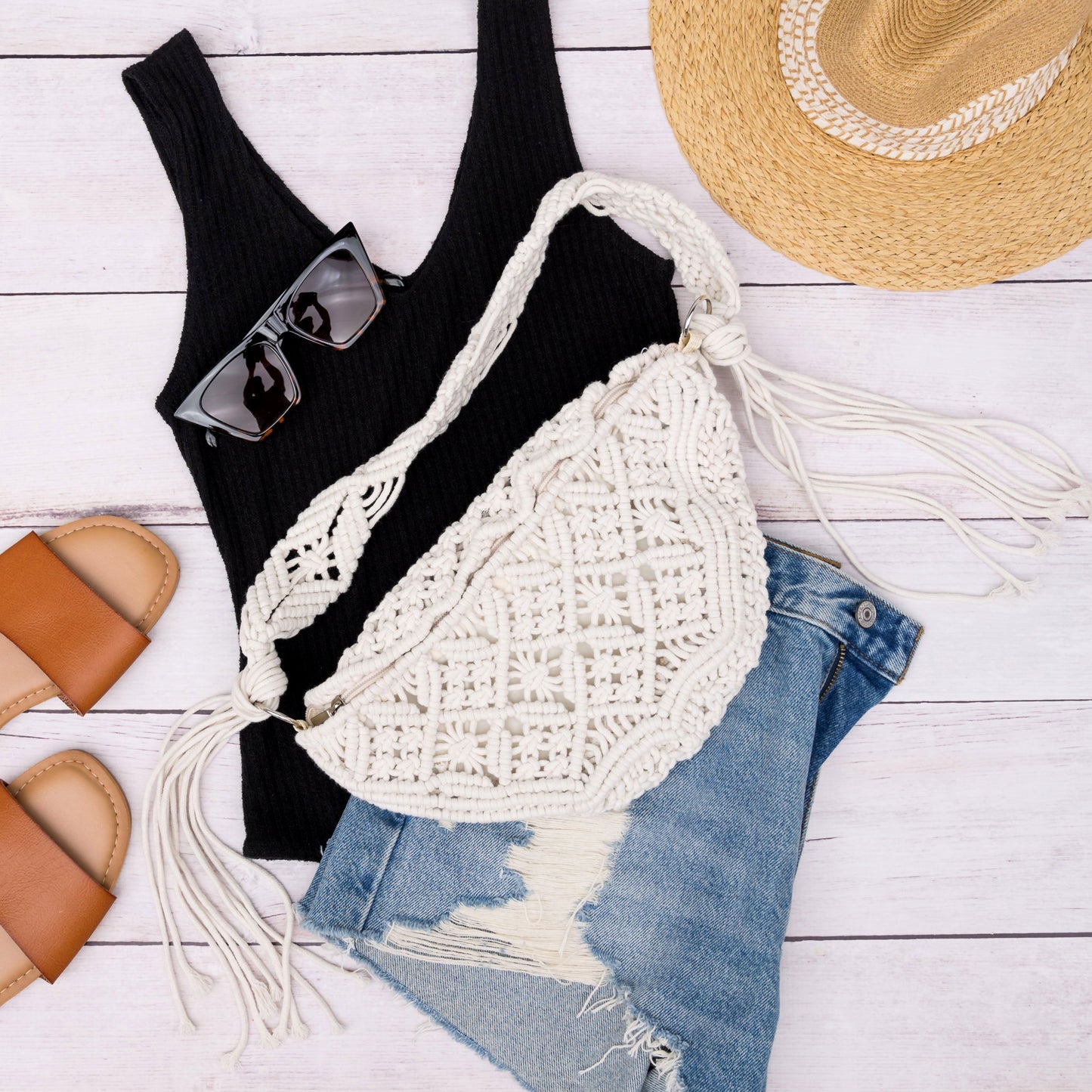Macrame Sling Bag - White Crossbody Bags