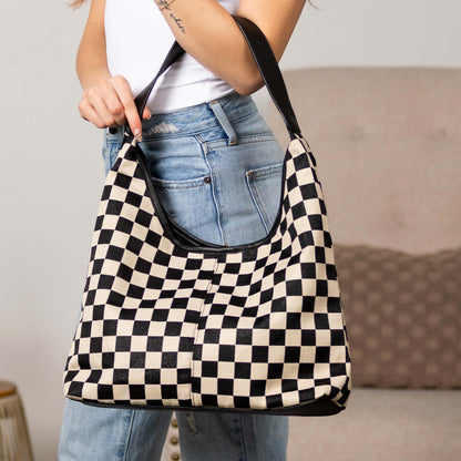 Checkered Canvas Mixed Media Rivet Detail Hobo Shoulder Bag — Everyday Functional Style -