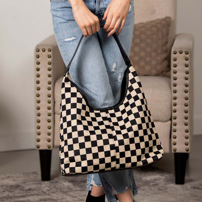 Checkered Canvas Mixed Media Rivet Detail Hobo Shoulder Bag — Everyday Functional Style -