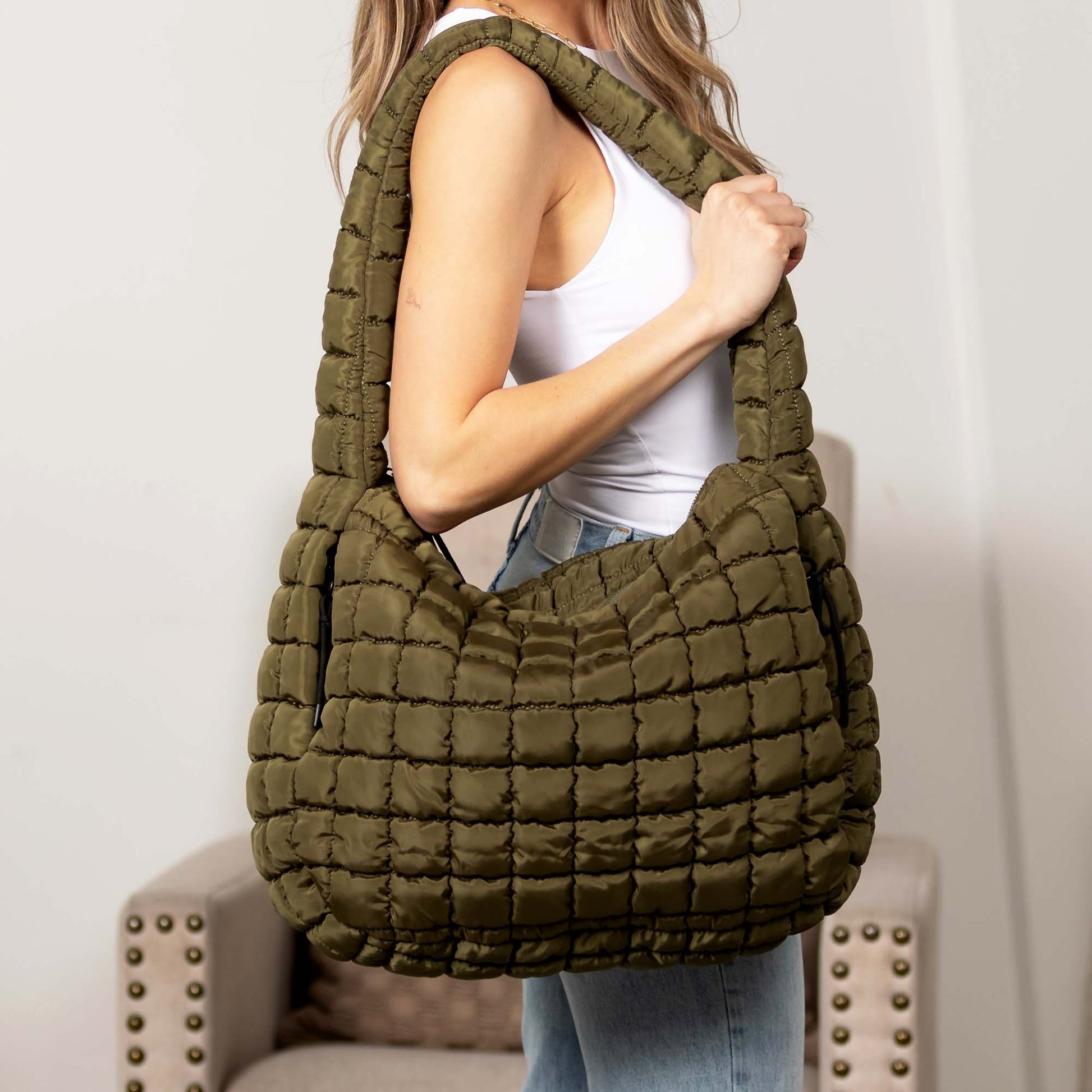 Quilted Puffer Nylon Large Everyday Tote Bag Functional Spacious Casual Style