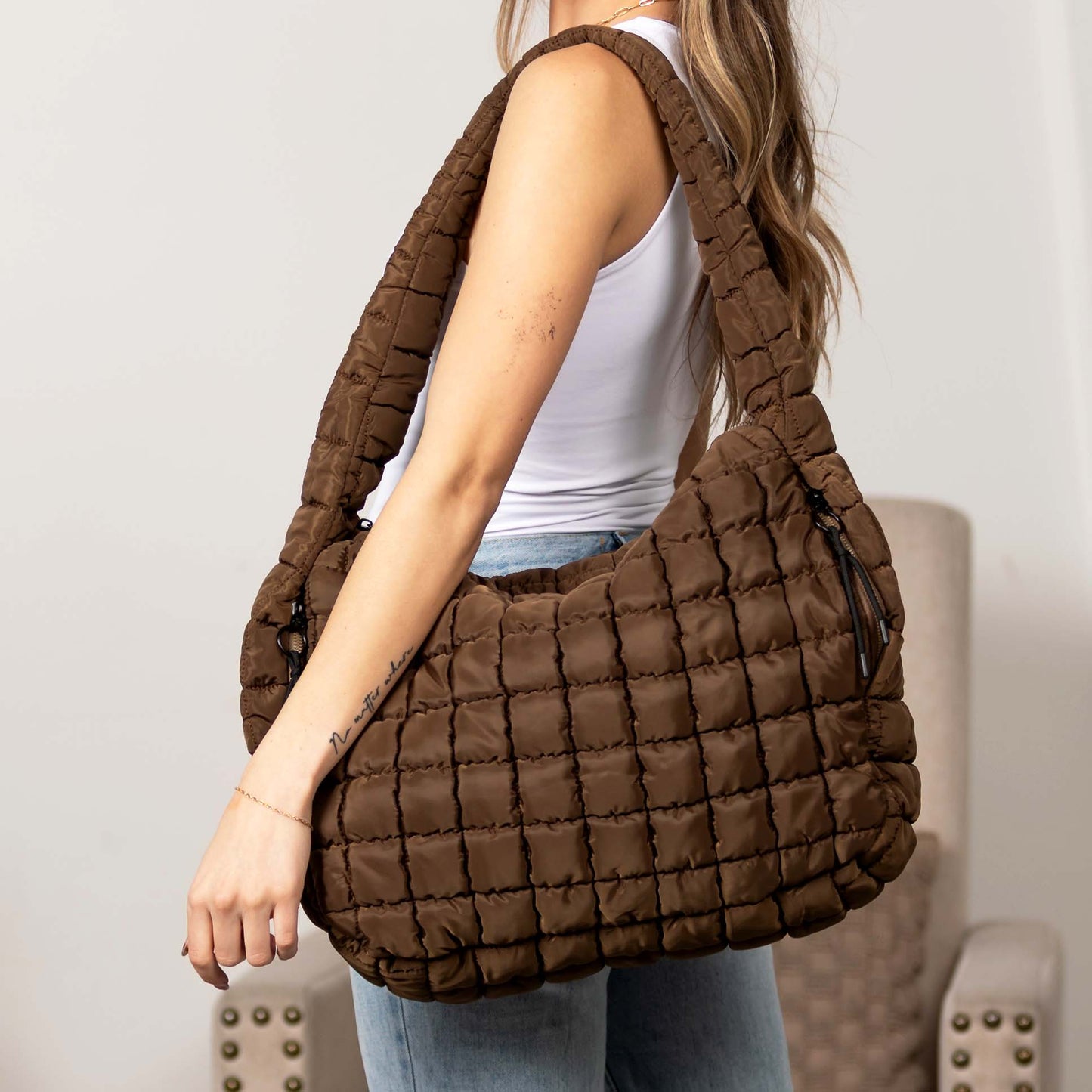 Quilted Puffer Nylon Large Everyday Tote Bag Functional Spacious Casual Style