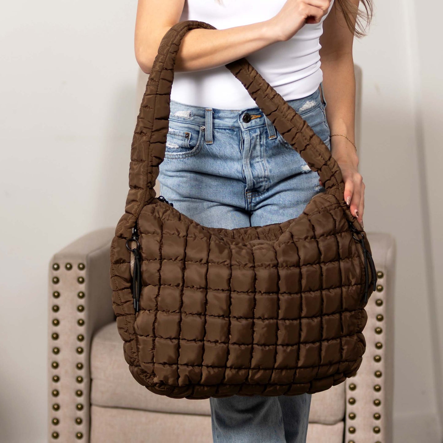 Quilted Puffer Nylon Large Everyday Tote Bag Functional Spacious Casual Style