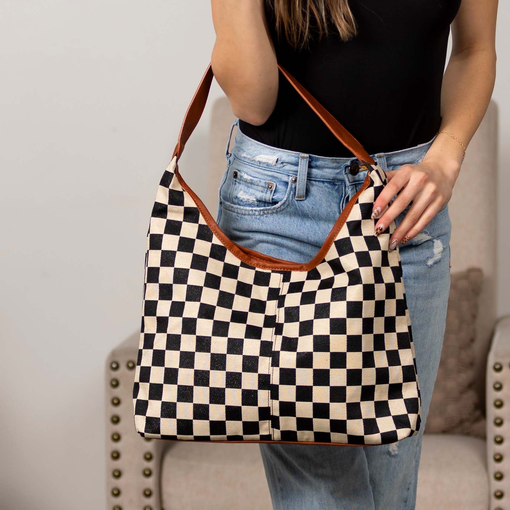Checkered Canvas Mixed Media Rivet Detail Hobo Shoulder Bag — Everyday Functional Style -