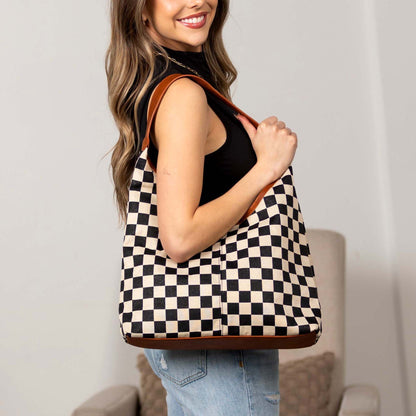 Checkered Canvas Mixed Media Rivet Detail Hobo Shoulder Bag — Everyday Functional Style -