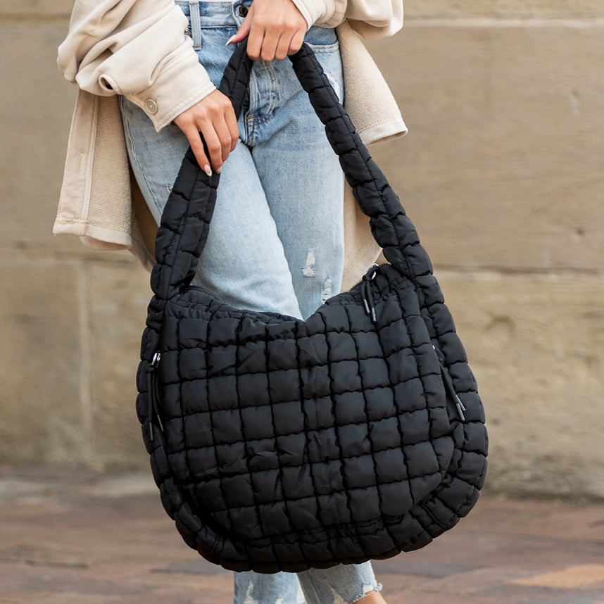 Quilted Puffer Nylon Large Everyday Tote Bag — Functional Spacious Casual Style -