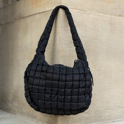 Quilted Puffer Nylon Large Everyday Tote Bag — Functional Spacious Casual Style - Black