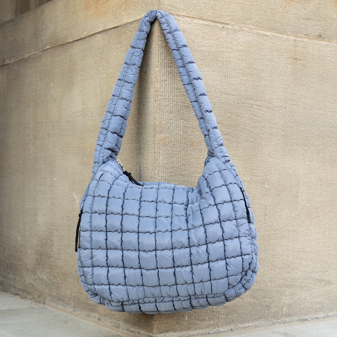 Quilted Puffer Nylon Large Everyday Tote Bag — Functional Spacious Casual Style - Slate Blue