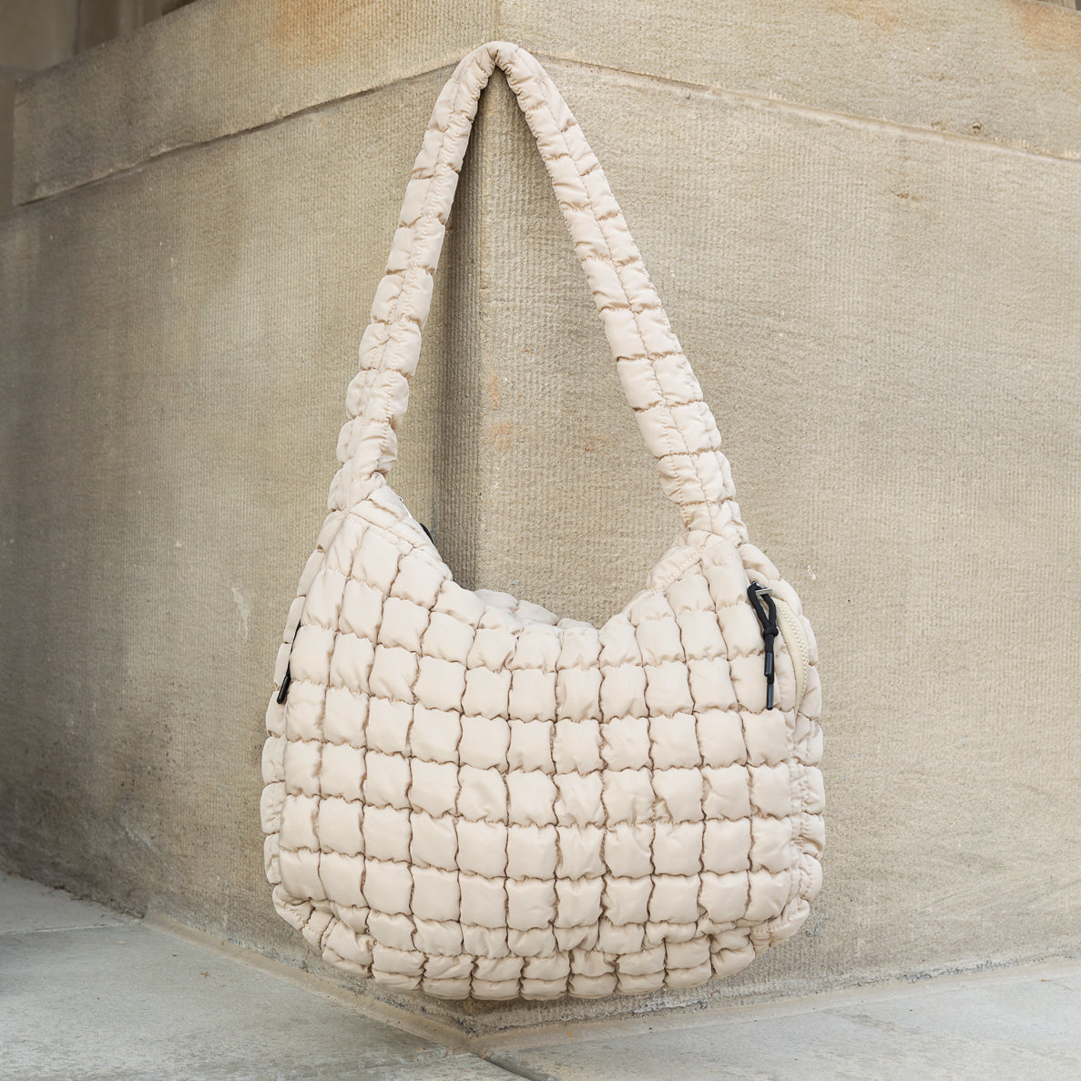 Quilted Puffer Nylon Large Everyday Tote Bag — Functional Spacious Casual Style - Almond