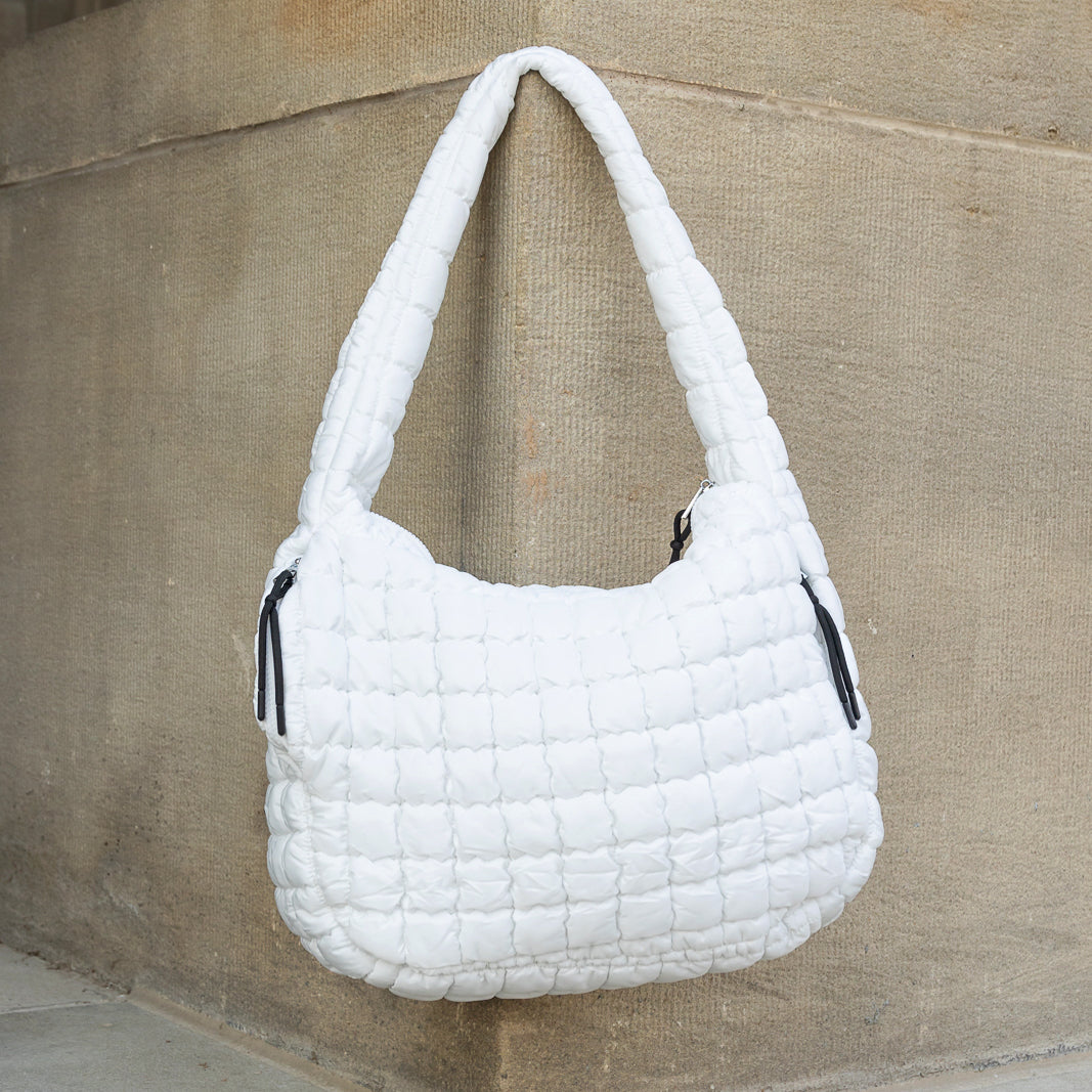 Quilted Puffer Nylon Large Everyday Tote Bag — Functional Spacious Casual Style - White