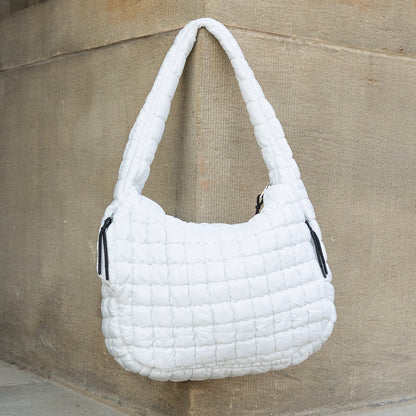Quilted Puffer Nylon Large Everyday Tote Bag — Functional Spacious Casual Style - White