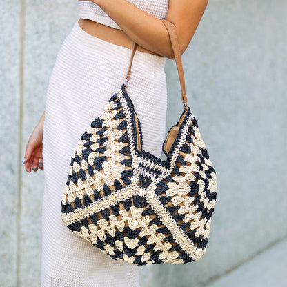 Woven Straw Shoulder Bag — Vegan Leather Strap Magnetic Clasp Closure - Shoulder Bags