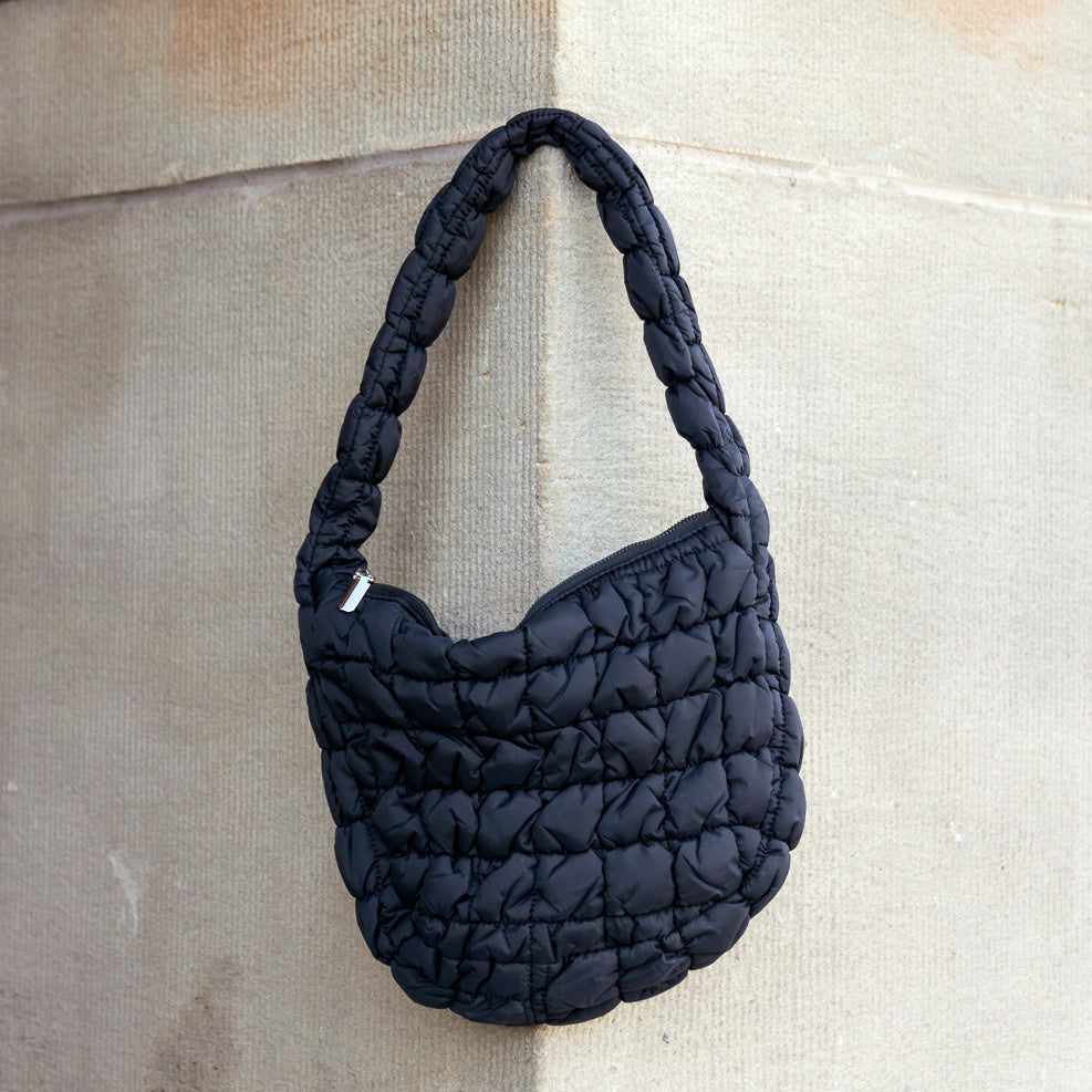 Solid Quilted Puffer Shoulder Bag - Black Shoulder Bags