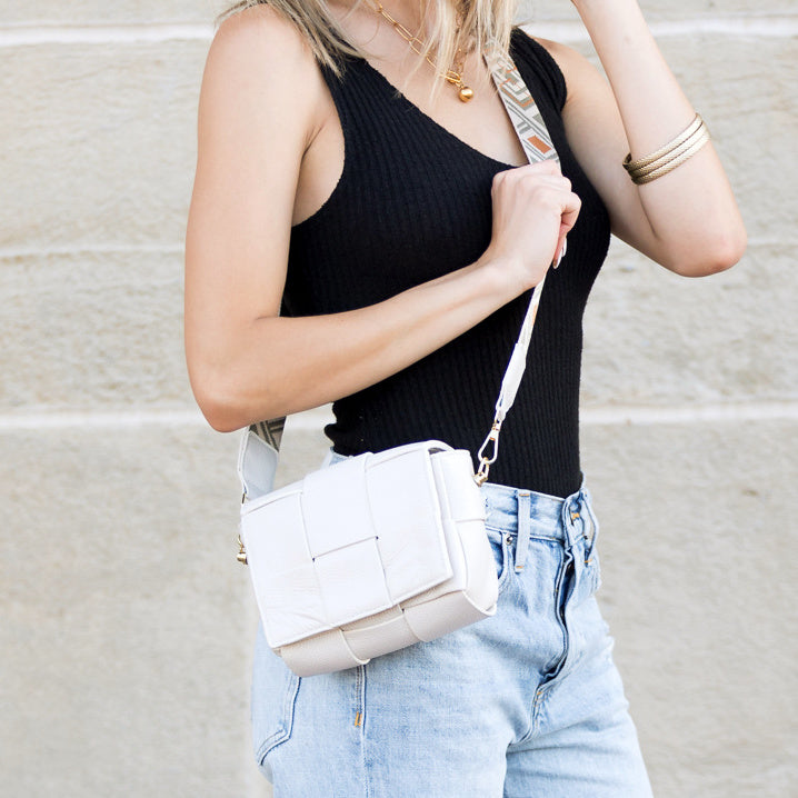 Cross Weave Genuine Leather Foldover Flap Crossbody Bag — Magnetic Clasp Adjustable Strap Style - Crossbody Bags