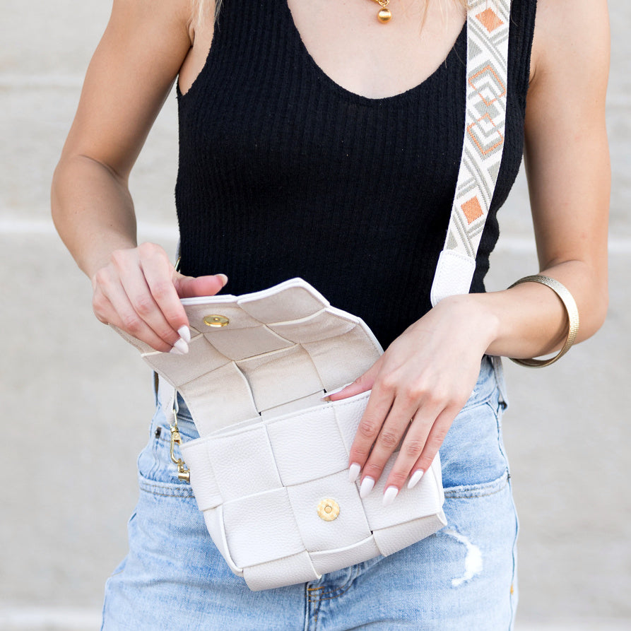 Cross Weave Genuine Leather Foldover Flap Crossbody Bag — Magnetic Clasp Adjustable Strap Style - Crossbody Bags