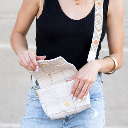 Cross Weave Genuine Leather Foldover Flap Crossbody Bag — Magnetic Clasp Adjustable Strap Style - Crossbody Bags