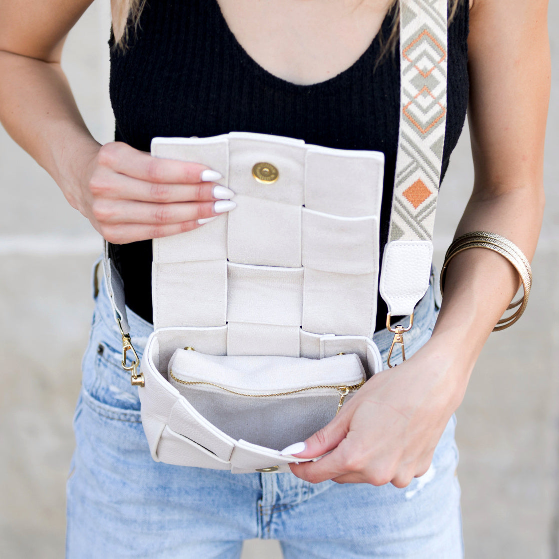 Cross Weave Genuine Leather Foldover Flap Crossbody Bag — Magnetic Clasp Adjustable Strap Style - Crossbody Bags