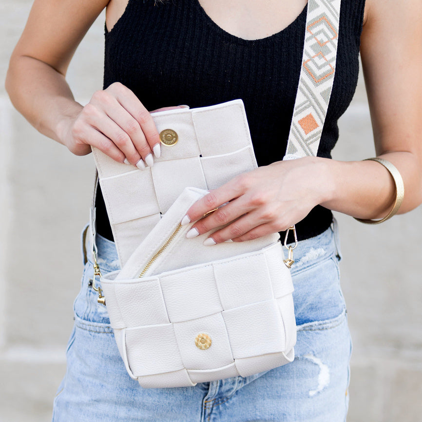 Cross Weave Genuine Leather Foldover Flap Crossbody Bag — Magnetic Clasp Adjustable Strap Style - Crossbody Bags