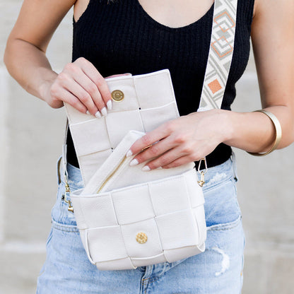 Cross Weave Genuine Leather Foldover Flap Crossbody Bag — Magnetic Clasp Adjustable Strap Style - Crossbody Bags