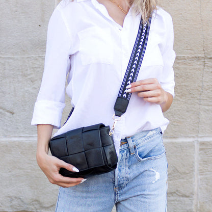 Cross Weave Genuine Leather Foldover Flap Crossbody Bag — Magnetic Clasp Adjustable Strap Style - Crossbody Bags