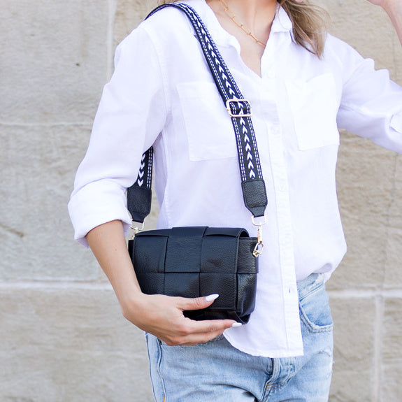 Cross Weave Genuine Leather Foldover Flap Crossbody Bag — Magnetic Clasp Adjustable Strap Style - Crossbody Bags