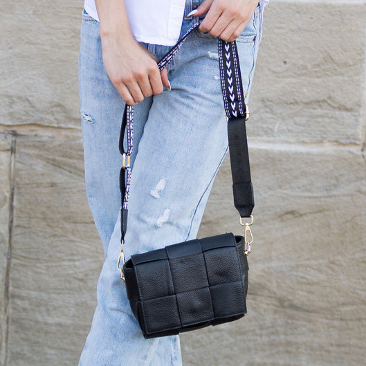 Cross Weave Genuine Leather Foldover Flap Crossbody Bag — Magnetic Clasp Adjustable Strap Style - Crossbody Bags