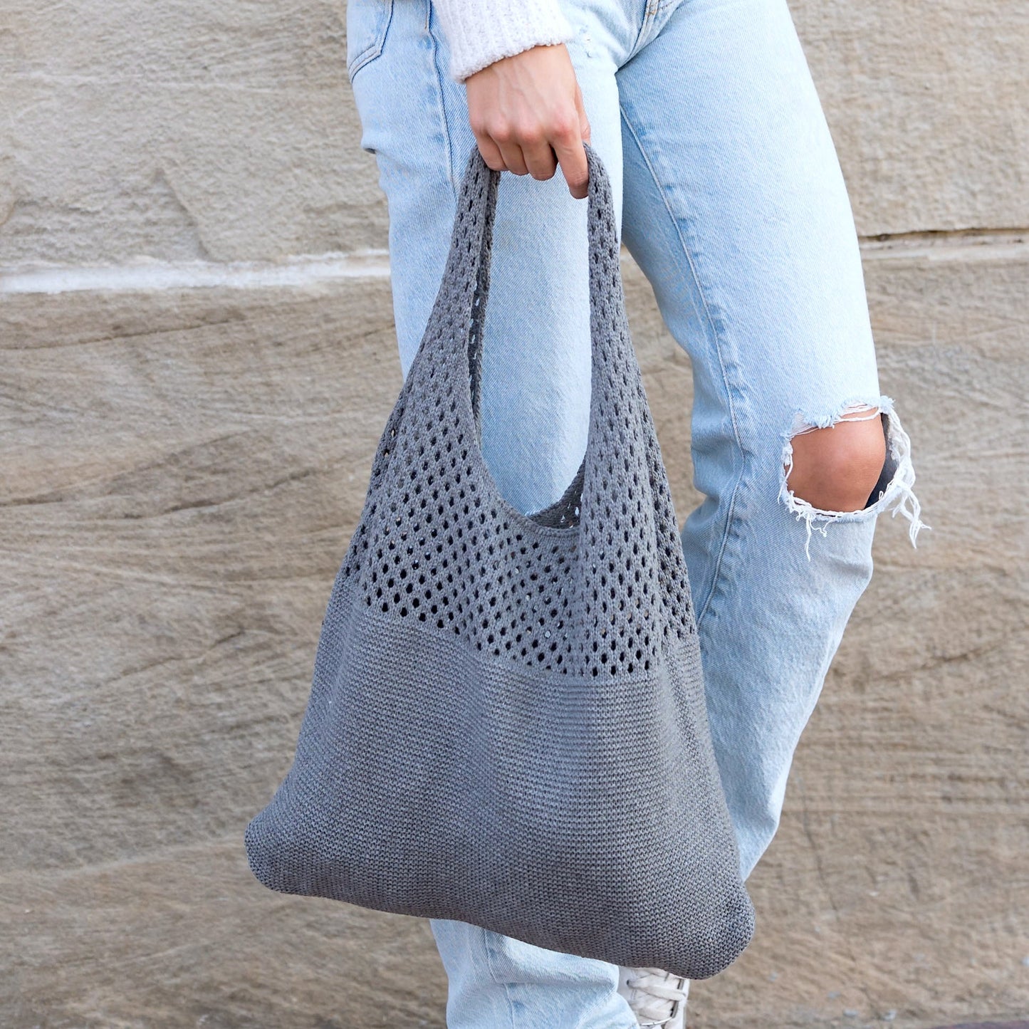 Slouchy Open Knit Hobo Shoulder Bag — Relaxed Woven Festival Tote - Shoulder Bags