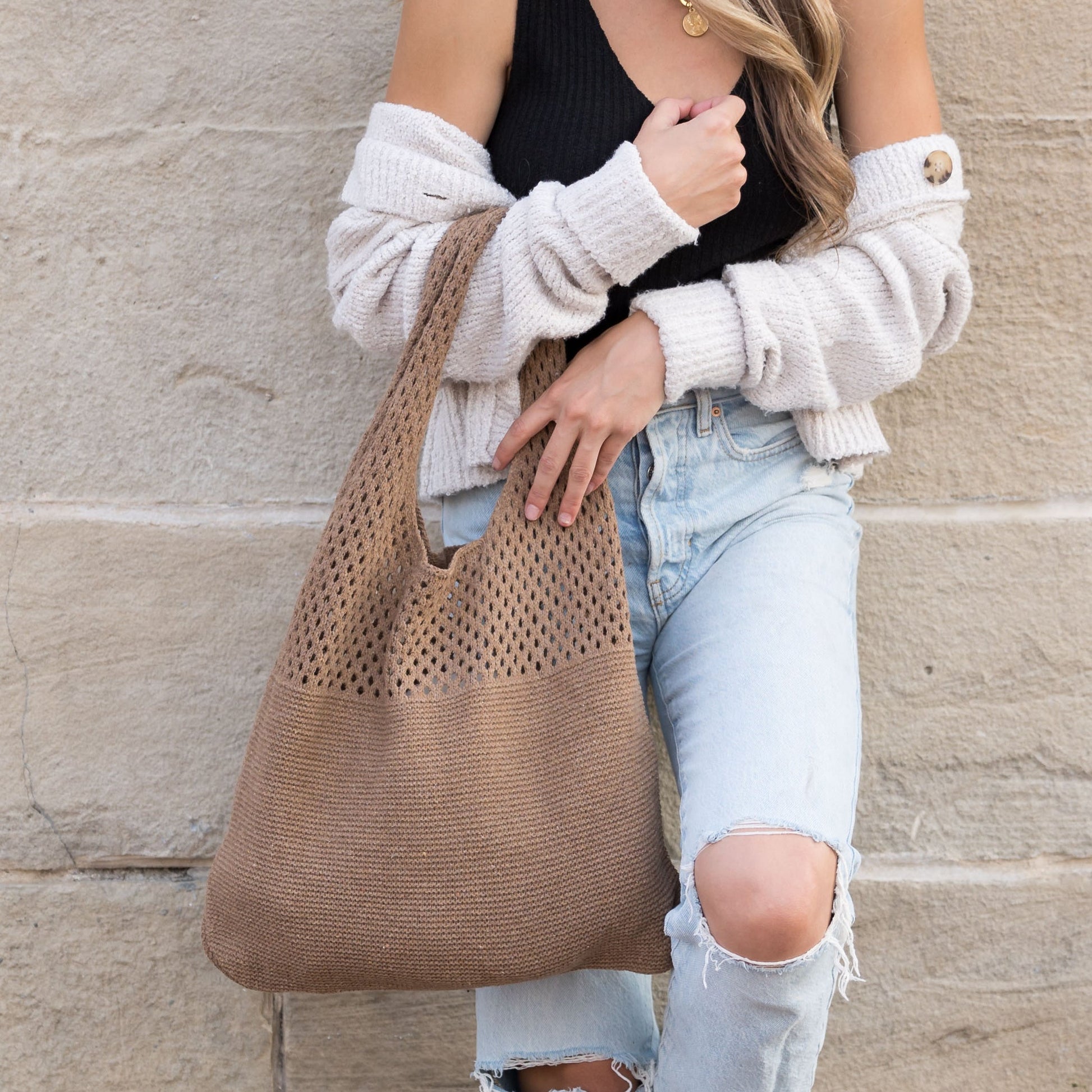 Slouchy Open Knit Hobo Shoulder Bag — Relaxed Woven Festival Tote - Shoulder Bags