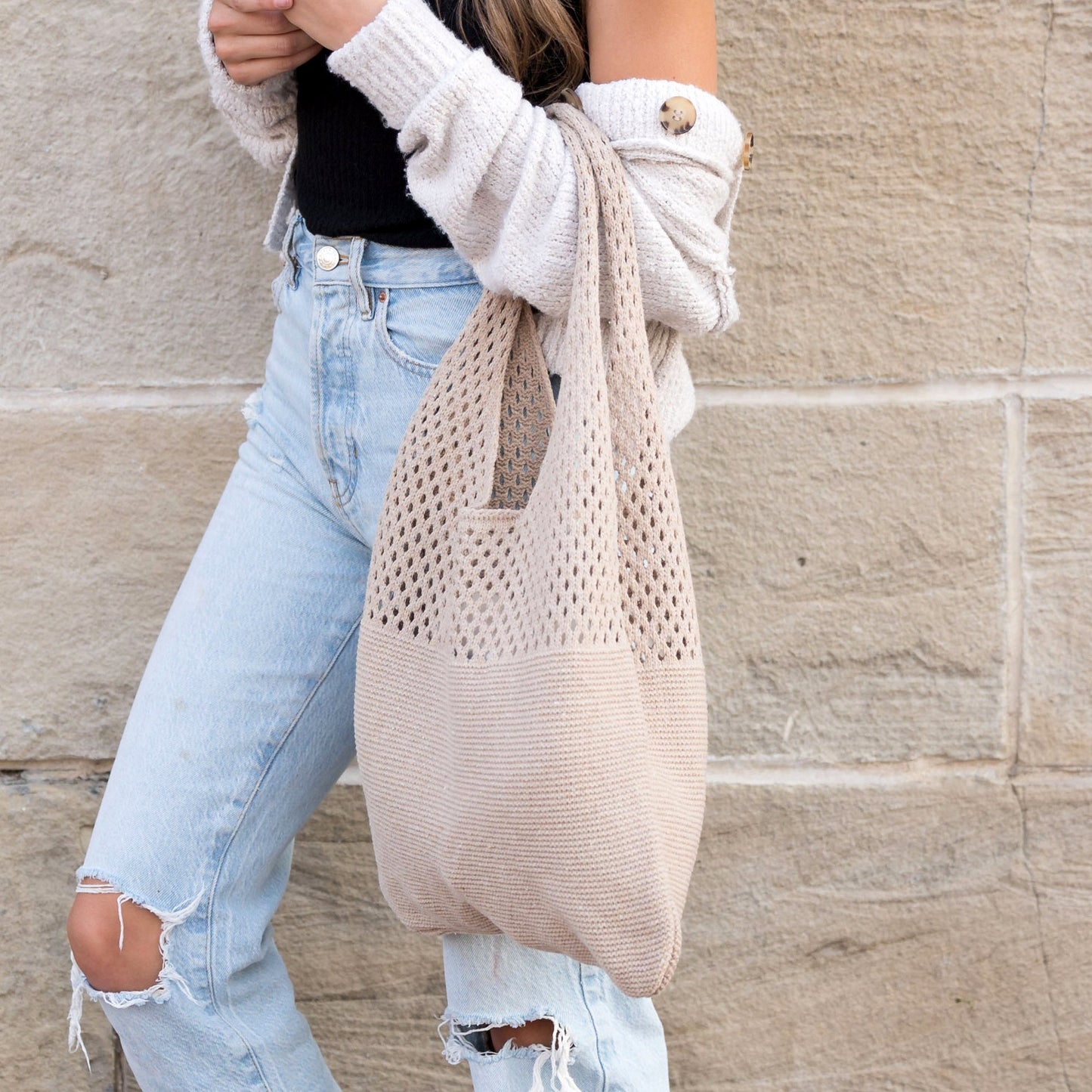 Slouchy Open Knit Hobo Shoulder Bag — Relaxed Woven Festival Tote - Shoulder Bags