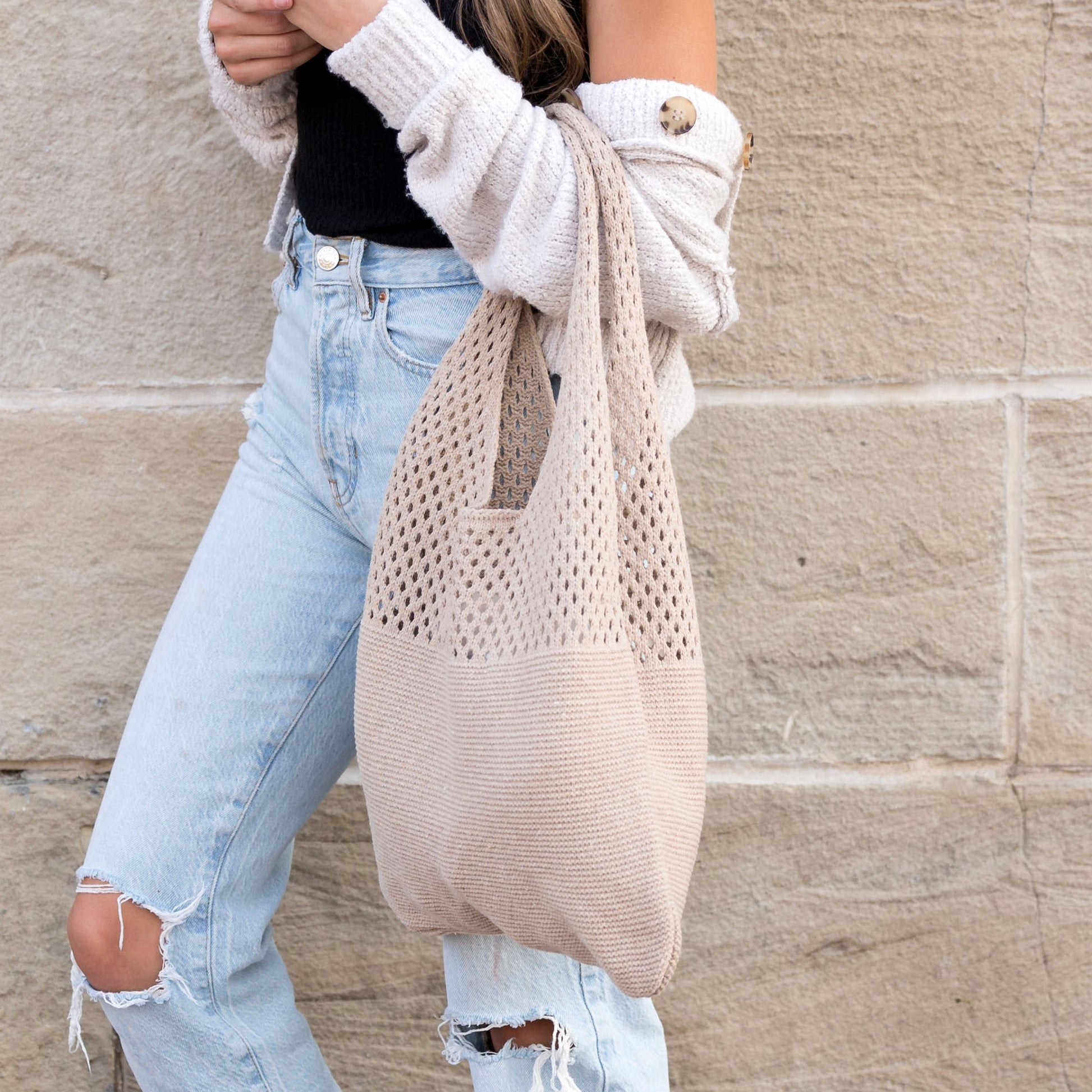 Slouchy Open Knit Hobo Shoulder Bag — Relaxed Woven Festival Tote - Shoulder Bags