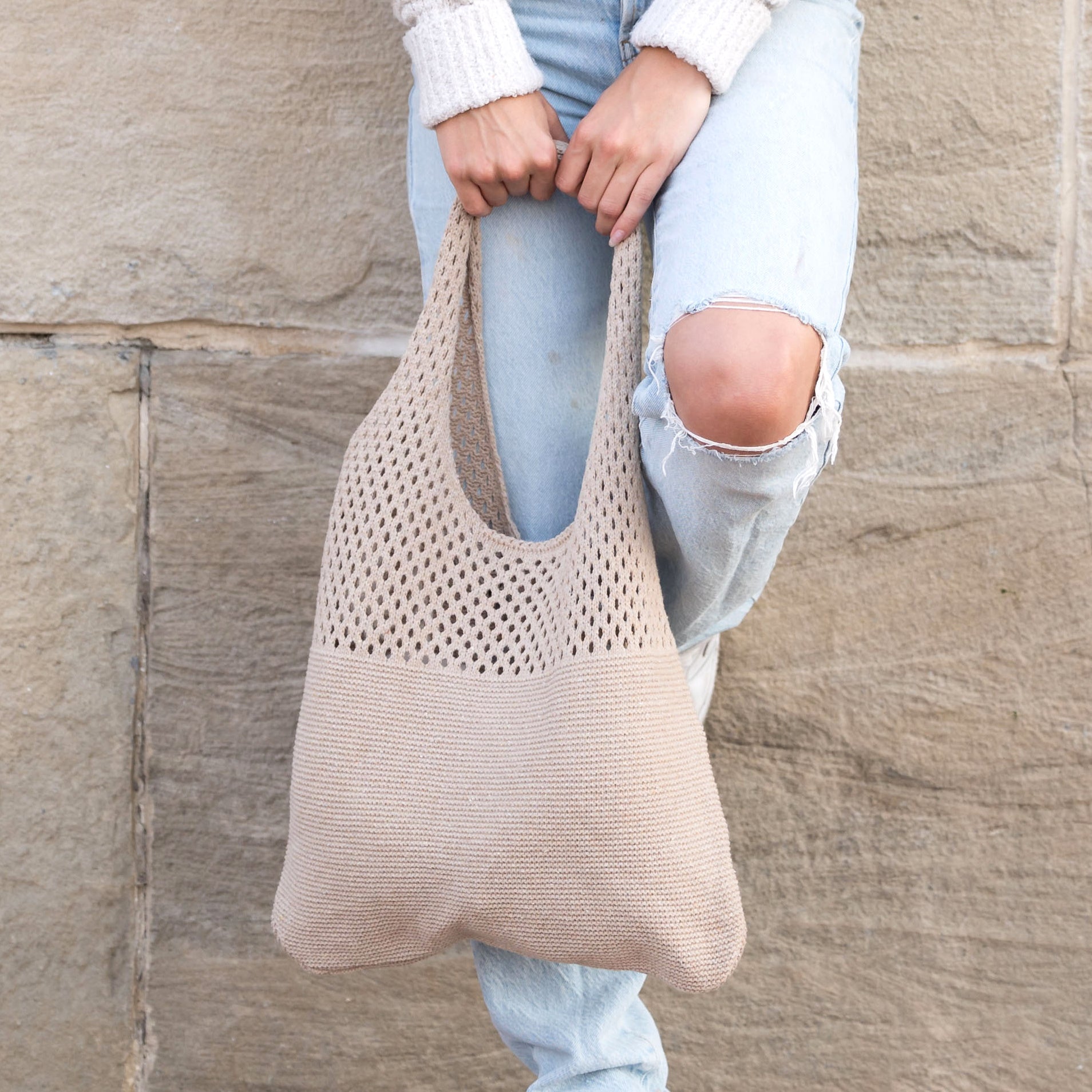 Slouchy Open Knit Hobo Shoulder Bag — Relaxed Woven Festival Tote - Shoulder Bags