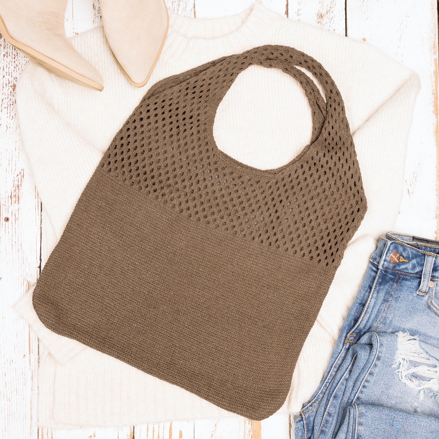 Slouchy Open Knit Hobo Shoulder Bag — Relaxed Woven Festival Tote - Mocha Shoulder Bags