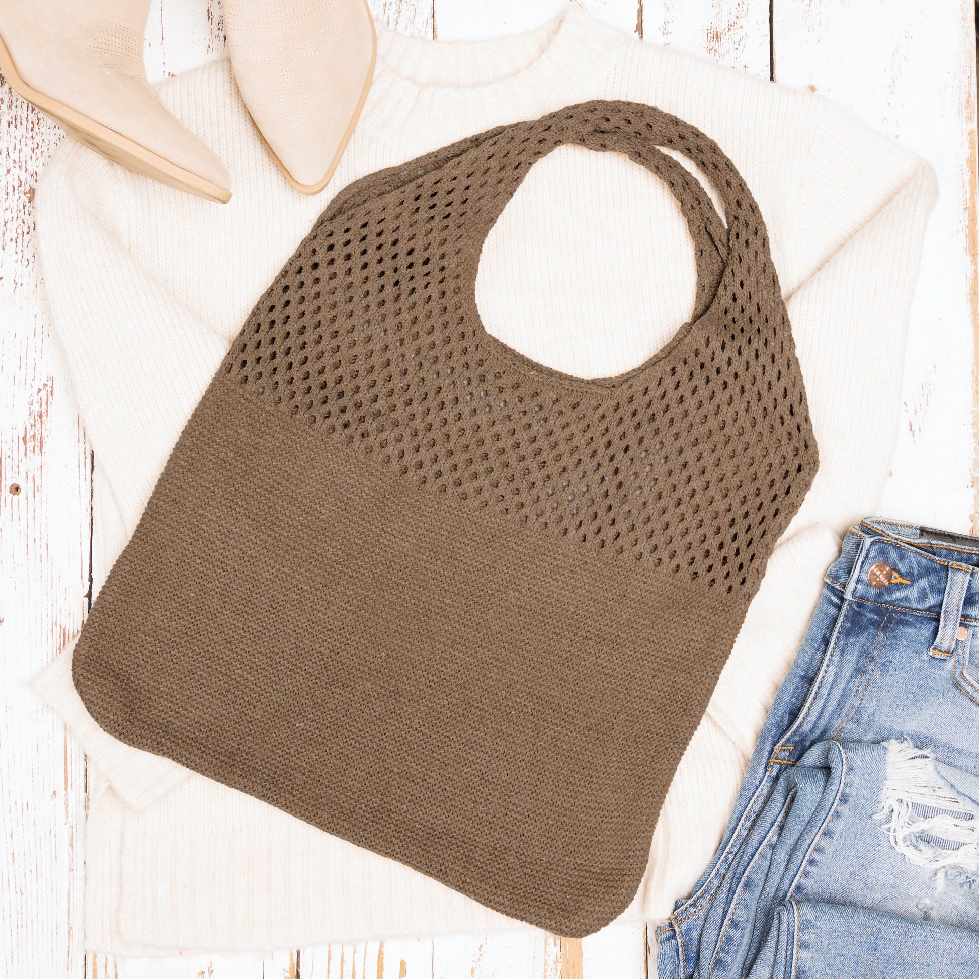 Slouchy Open Knit Hobo Shoulder Bag — Relaxed Woven Festival Tote - Mocha Shoulder Bags